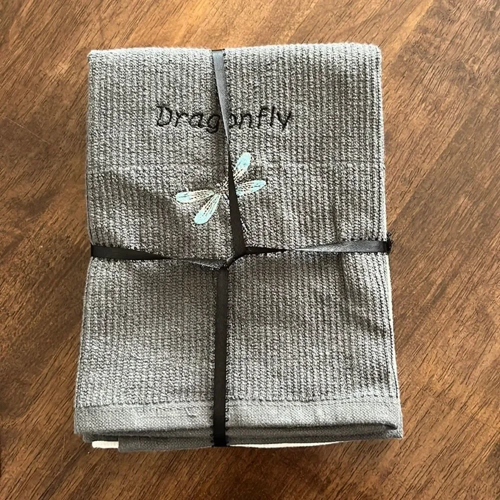 NEW flaws- Set of Gray and White 100% Cotton Embroidered Barmop Dishtowels